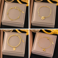 Stainless Steel Gold Color Women's Bracelet Flower Heart Charm Hand Chain Fashion Trendy Bangle Jewelry Gifts New Wholesale