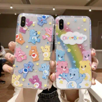 Kawaii Miniso Care Bears Apple Phone Case Cute Cartoon Apple 15Pro Phone Case 14 Rainbow Bear Soft Case Transparent Full Package