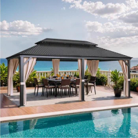 Outdoor Hardtop Gazebo Galvanized Steel Metal Gazebo Aluminum Frame Double Roof Outdoor Gazebo with Nettings and Curtains