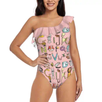 Funny Colourful Animal Alphabet-Comic-Letters-Animals-Gift One Shoulder Ruffle Swimsuits Bodysuit One Piece Swimwear Women New