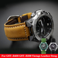 Vintage Frosted Leather Watchband for G-SHOCK Casio GST-B400 GST-B200 Series Crazy Horse Skin Retro Watch Bracelet 24*16mm Strap