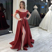 Sexy Burgundy Evening Dresses Off The Shoulder A-line Formal Party Gowns Satin Sleeveless High Split Evening Gowns for Women