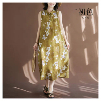 【初色】新中式印花無袖翻領A字裙連衣裙連身洋裝長洋裝-黃色-35189(F可選)