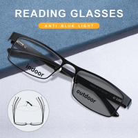 2023 Men's Fashionable Photochromic Glasses New Metal Frame High Definition Reading Anti Blue Presbyopic Glasses