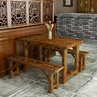 桌子 快餐桌椅小吃燒烤仿古碳化木餐飲食堂早餐長方形4人長餐桌