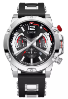 LIGE 大型計時碼錶不鏽鋼石英錶，50 毫米，橡膠和金屬錶帶