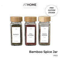 ATHOME Bamboo Spice Jar 120ml / Aesthetic Bamboo Glass Kitchen Spice Bottle Holder