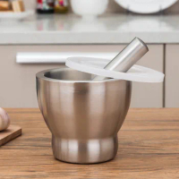 Kitchen Food Tools Stainless Steel Manual Garlic Spice Tamping Rammer Mortar Pestle Mill Grinder Crushing Bowl With Cover