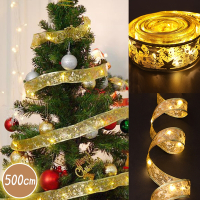 半島良品 聖誕彩帶LED 絲帶燈串 聖誕節裝飾燙金雙層 綢緞燈 場景佈置 聖誕樹裝飾 銅線燈 緞帶燈飾 發光彩帶 耶誕 銅線燈