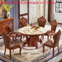 European round table full solid wood American retro household electric hot pot turntable marble chair combinat