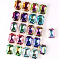 Rectangle shape Gold claw settings 20pcs/Pack rainbow &amp; jelly AB glass Crystal 13*18mm Sew on rhinestone Crystals shoes bags diy