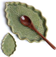 Ceramic Spoon Rest for Stove Top - Cute Green Leaf Shaped Spoon Rest/Spoon Holder for Kitchen Counte