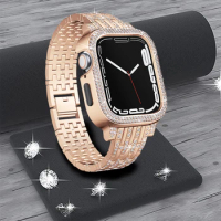 Women Diamond Band+case for Apple Watch Strap 6 5 4 Se 40 44mm Ladies Stainless Steel Wristband for IWatch 8 7 41 45mm Bracelet