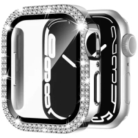Diamond Tempered Glass Film Case For Apple Watch 9 8 45mm 7 6 se 40/44mm 41mm iWatch Series 8 5 4 Bumper Cover Protective Covers