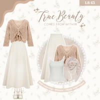 OOTD Korean Style Remaja | Outfit Wanita Kekinian (Blouse Crop Top Rajutan Berongga Cream, Rok Mayun