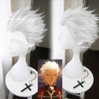 Fate Stay Night Go Extra Archer Emiya Wigs Short Silvery White Heat Resistant Synthetic Hair Cosplay Wig + Wig Cap