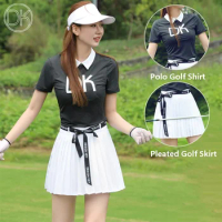 DK Ladies Slim Short Sleeve Golf Tops Breathable Fast Dry Shirt Women Anti-light Pleated Golf Skirt Bow High Waist Mini Skort