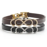 Micro Pave Clear CZ Infinity Symbol Arc Tube Strand Bracelet Stringed Leather Cord Fold Over Clasp Approx 6-8 Inches