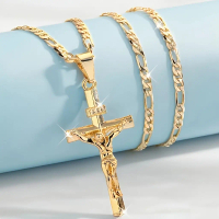 Men's Vintage 14K Gold-plated Jesus Cross Pendant Necklace With Smooth Chain Religious Jewelry For A