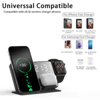4 in 1 Wireless Charger For iPhone 14 13 12 Apple Watch S8 7 Fast Charging Dock Station Desktop LED Digital Alarm Clock