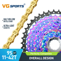VG Sports MTB 9-speed 42T chain cassette set combination, gold/silver/ti gold/rainbow optional, 116L bicycle parts link