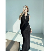 【巴黎精品】皺褶套裝無袖裙裝-三宅風外套彈性長裙女裝2色a1jb52