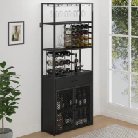 HSH Tall Bar Cabinet, Black Liquor Cabinet with Drawer, Large Modern Wine Cabinet with Storage Shelf and Wine Rack