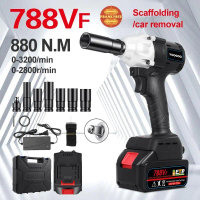 788VF Cordless Impact Wrench 48V 880N.M Soket Listrik Torsi Reverse Ban Perbaikan Pembongkaran 2 Bat