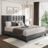 Queen/King Size bed,Double bed,Comfortable Wingback Upholstered Platform Bed Frame with Box-Tufted Headboard and Wooden Slats