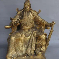 16" chinese brass dragon guangong guanyu Sword Read books Tiger head Seat statue