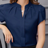 ZANZEA Formal Office V-neck Blusas Women Chiffon Blouses Elegant Ruffles Short Sleeve Tops 2024 Summer Solid Pleating Shirts