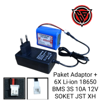 Adaptor Charger + Baterai Tipe Lithium-ion 6X 18650 4800mAh 12V BMS 3S 10A SOKET JST XH 2 PIN