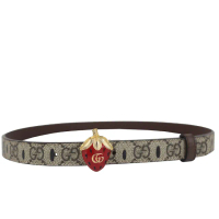 【GUCCI 古馳】草莓帶頭雙G窄版防水帆布皮帶(卡其色/85cm)