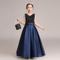 兒童鋼琴表演禮服女深藍色V領長款女童鋼琴演出服公主裙亮片無袖女童禮服