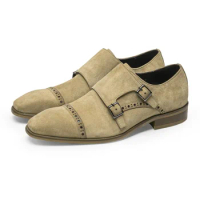 Vintage Design Men Dress Shoes Genuine Leather Double Buckle Monk Strap Men Shoes Classic Italian Suede Leather Shoes Men