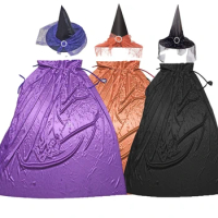 2Pcs Halloween Witch Costume Pointed Wizard Hat Witch Cloak Wizard Cape Set for Christmas Cosplay Party Kids Adults