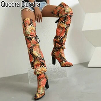 Boots Women Shoes High Heels Winter Pointed Toe Plus Size 48 35 Long Boot Casual Over the Knee Sexy Female Print Flowers Luxury