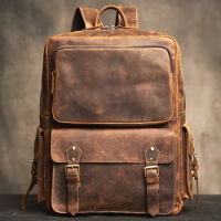Genuine Leather Men's Backpack Vintage Bag Outdoor Travel Backpack Laptop Backpack Schoolbag For Laptop 15.6 Inch