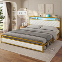 King Size Bed Frame with LED Lights &amp; Charging Station,Modern design Upholstered Platform Bed,Smart King Size LED Bed Frame
