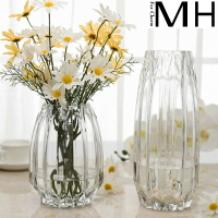 歐式豎紋創意玻璃花瓶透明彩色客廳百合插花瓶裝飾工藝品擺件