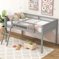 Twin Size Wood bed,Loft Bed w/ Convertible Ladder &amp; Full-length guardrails,Children's bed,No Box Spring Required,for bedroom