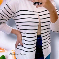 Cardigan Rajut Kancing Wanita Korean Style Putih Garis Hitam Terbaru - Atasan, Salur, Top, Casual, B