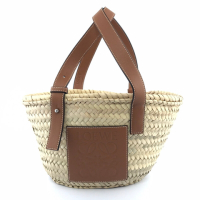 LOEWE Small Basket 小款 棕櫚葉拼小牛皮 托特包 編織包 草編包 原色/棕褐色