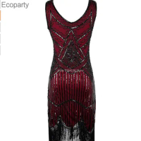 12Women Party Dress Robe Femme 1920s Great Gatsby Flapper Sequin Fringe Midi Dress Vestido Summer Art Deco Retro Black Dress