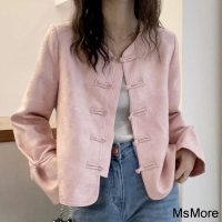 【MsMore】新中式國風盤扣短外套時尚長袖短版#121252(白/粉紅)