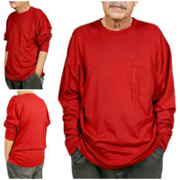 RED PIT 23 (Chest 46) & PIT 24 (Chest 48) Long Sleeve Round Neck Pocket Tshirt Lengan Panjang Merah