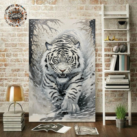 Lukisan dinding ruang tamu macan putih modern art frame