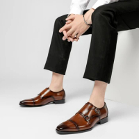 High Quality Mens Dress Shoes Genuine Leather Double Buckle Monk Strap Men Shoes Pointed Toe Gentlmen Wedding Party Shoes