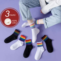 3 Pairs Rainbow Cotton Socks Women High Quality 100% Cotton Socks Street Ins Fashion Stripe Stacked Mid Tube Sports Sokken