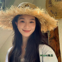 草帽超大檐拉菲草帽女夏季海邊度假遮陽防曬拍照氛圍感鏤空太陽帽子潮 新品-Misaki精品